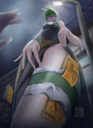 Rule 34 | 1boy, 1girl, artist request, blush, breasts, china dress, chinese clothes, clothes lift, curvy, dress, dress lift, foreshortening, green hair, highres, large breasts, looking at another, naughty face, night, night sky, pelvic curtain, pelvic curtain lift, perspective, purple eyes, road, shaman king, shiny skin, sky, standing, street, tao jun, wide hips