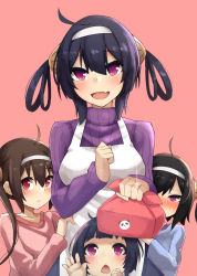 Rule 34 | 4girls, :o, ahoge, apron, ashisi, azur lane, bad id, bad pixiv id, bento, black hair, blush, brown hair, chestnut mouth, fang, hair between eyes, hair rings, hairband, highres, jewelry, long hair, long sleeves, looking at viewer, mother and daughter, multiple girls, ning hai (azur lane), nose blush, open mouth, pink background, purple eyes, purple sweater, red eyes, ribbed sweater, ring, smile, sweater, turtleneck, turtleneck sweater, twintails, wedding band, white hairband, wrapped bento