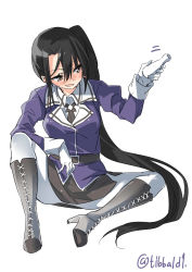 Rule 34 | 10s, 1girl, belt, black eyes, black hair, black skirt, blush, boots, breasts, cross-laced footwear, ebifurya, gloves, hair between eyes, high heel boots, high heels, highres, holding, kantai collection, knee boots, lace-up boots, long hair, looking at viewer, looking to the side, medium breasts, nachi (kancolle), open mouth, pantyhose, pencil skirt, ponytail, side slit, sidelocks, simple background, sitting, skirt, solo, tokkuri, very long hair, white background, white gloves, white pantyhose