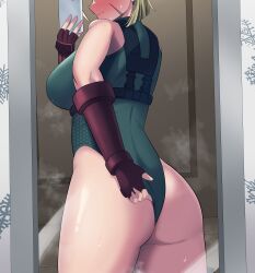 Rule 34 | 1girl, absurdres, artist request, ass, bare legs, bare shoulders, blonde hair, blush, cammy white, curvy, embarrassed, fingerless gloves, from behind, gloves, green leotard, hat, highleg, highleg leotard, highres, holding, holding phone, huge ass, leotard, lips, long hair, looking at viewer, looking back, mirror, mirror image, phone, revealing clothes, selfie, shiny skin, short hair, skindentation, sleeveless, sleeveless leotard, steaming body, street fighter, street fighter 6, sweat, thong leotard, very long hair, wide hips