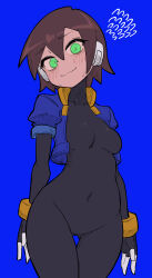 Rule 34 | 1girl, absurdres, aile (mega man zx), black bodysuit, blue background, blush, bodysuit, bodysuit under clothes, breasts, brown hair, buzzlyears, commentary, covered navel, cowboy shot, cropped jacket, gluteal fold, green eyes, highres, jacket, looking at viewer, mega man (series), mega man zx, nervous smile, nervous sweating, no pants, open clothes, open jacket, robot ears, short hair, simple background, small breasts, smile, solo, sweat
