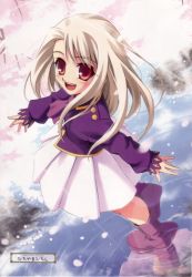 Rule 34 | 00s, 1girl, boots, cherry blossoms, fate/stay night, fate (series), hiroyama hiroshi, illyasviel von einzbern, long hair, petals, purple footwear, red eyes, reflection, skirt, smile, solo