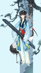 Rule 34 | 1girl, absurdres, bird, black hair, blunt bangs, braided hair rings, chinese clothes, closed eyes, closed mouth, crane (animal), duijin ruqun, full body, hair tubes, hanfu, highres, holding, jewelry, long hair, long sleeves, looking at viewer, original, pants, pine tree, ribbon, robe, sash, shadow, shoes, sidelocks, sleeves past fingers, sleeves past wrists, solar term, solo, standing, suiyue, sword, tachi-e, tassel, tree, weapon, wide sleeves, yin yang