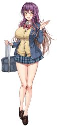 Rule 34 | 1girl, :d, absurdres, alternate costume, amagi (amagi626), bag, blazer, blue jacket, blue skirt, blush, bow, breasts, brown hair, brown shirt, carrying bag, gradient hair, hand up, handbag, highres, hijiri byakuren, jacket, large breasts, loafers, long hair, looking at viewer, miniskirt, multicolored hair, no socks, open mouth, plaid, plaid bow, plaid skirt, purple hair, red neckwear, school uniform, shirt, shoes, simple background, skirt, smile, solo, sweater, sweater vest, touhou, two-tone hair, wavy hair, white background, yellow eyes