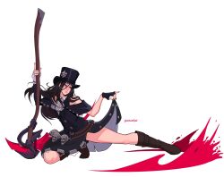 Rule 34 | 1other, androgynous, ascot, asymmetrical gloves, asymmetrical sleeves, bare shoulders, black footwear, black gloves, black hair, black headwear, black nails, blood, clothes lift, collar, fingerless gloves, gloves, guilty gear, guilty gear strive, hat, hat ornament, highres, holding, holding scythe, lifting own clothes, long hair, long sleeves, looking to the side, nail polish, other focus, parted lips, red eyes, scythe, skirt, skirt lift, skull, skull hat ornament, studded collar, testament (guilty gear), top hat, white ascot, white gloves, xenosweater