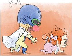 Rule 34 | 1boy, 1girl, baby, big nose, bow, cyborg, dr. crygor, facial hair, from side, glasses, hair bow, lab coat, lowres, mustache, nintendo, official art, open mouth, orange hair, penny crygor, sweatdrop, takeuchi kou, third-party source, warioware, warioware: get it together!