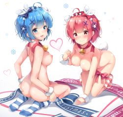 Rule 34 | 2girls, absurdres, ahoge, all fours, ass, bad id, bad pixiv id, bell, between buttocks, blue eyes, blue hair, blue legwear, blue ribbon, blush, bow, breasts, chintora0201, commentary request, fang, female focus, from behind, hair bow, hair ornament, hair over one eye, hair ribbon, hand on own ass, highres, kneeling, large breasts, looking at viewer, maid headdress, matching hair/eyes, merry christmas, multiple girls, nipples, nude, open mouth, pink bow, pink eyes, pink hair, purple ribbon, rabbit tail, ram (re:zero), re:zero kara hajimeru isekai seikatsu, rem (re:zero), ribbon, short hair, siblings, simple background, sisters, skin fang, smile, socks, striped clothes, striped legwear, striped socks, tail, topless, twins, white background, white legwear, x hair ornament