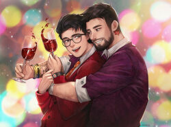 Rule 34 | 2boys, alcohol, arm tattoo, bara, black hair, bracelet, brown eyes, collared shirt, commentary, commission, couple, cup, david king (dead by daylight), dead by daylight, dessa nya, drinking glass, dwight fairfield, english commentary, facial hair, highres, holding, holding cup, jacket, jewelry, looking at another, male focus, multiple boys, muscular, muscular male, neck tattoo, necktie, open mouth, purple jacket, red jacket, shirt, short hair, smile, tattoo, teeth, upper body, watch, white shirt, wine glass, wristwatch, yaoi