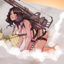 Rule 34 | 1girl, all fours, black hair, blue eyes, blush, breast strap, breasts, cannon, cart titan, cleavage, commentary request, giant, giantess, highres, large breasts, long hair, memento mori (appler7), naked ribbon, pieck finger, ribbon, rope ladder, shingeki no kyojin, smoke, solo, titan (shingeki no kyojin), wall
