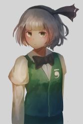 Rule 34 | 1girl, arms at sides, black bow, black hairband, blunt bangs, bow, bowtie, closed mouth, commentary request, fjsmu, green eyes, green vest, grey background, hairband, highres, konpaku youmu, long sleeves, looking at viewer, short hair, silver hair, solo, touhou, vest, white sleeves