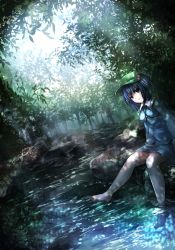 Rule 34 | 1girl, backpack, bag, bare legs, blue eyes, blue hair, dappled sunlight, forest, hair bobbles, hair ornament, janne cherry, jewelry, kawashiro nitori, key, looking at viewer, matching hair/eyes, nature, necklace, partially submerged, river, short hair, sitting, skirt, skirt set, smile, solo, sunlight, touhou, twintails, two side up