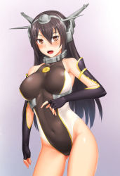 Rule 34 | 10s, 1girl, adapted costume, alternate costume, black hair, blush, breasts, competition swimsuit, covered navel, elbow gloves, fingerless gloves, gloves, h kasei, headgear, highleg, highleg swimsuit, kantai collection, large breasts, long hair, looking at viewer, nagato (kancolle), one-piece swimsuit, open mouth, personification, red eyes, skin tight, solo, swimsuit