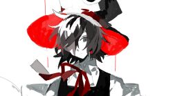 Rule 34 | 1other, androgynous, bare shoulders, black coat, black hat, bow, bowtie, chinese commentary, closed mouth, coat, collared shirt, commentary request, detached sleeves, enraku tsubakura, eye of senri, eye on hat, frown, grey eyes, hair over one eye, hat, highres, len&#039;en, looking at viewer, other focus, red bow, red bowtie, red hat, shirt, sleeveless, sleeveless coat, sleeveless shirt, solo, tiankong yiji, top hat, two-sided fabric, two-sided headwear, upper body, white background, white shirt, white sleeves, wide sleeves