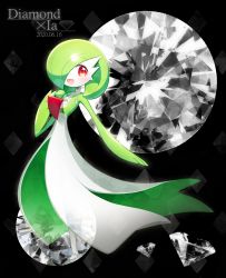 Rule 34 | 1girl, black background, blush, bob cut, character name, choker, colored skin, creatures (company), crystal, dated, diamond (gemstone), english text, female focus, flat chest, full body, game freak, gardevoir, gem, gen 3 pokemon, green hair, green skin, hair over one eye, hand to own mouth, hand up, happy, heart, heart in eye, lace, lace choker, looking at viewer, lotosu, mega stone, multicolored skin, nintendo, open mouth, outstretched arm, pokemon, pokemon (creature), short hair, smile, solo, standing, symbol in eye, transparent, two-tone skin, white skin