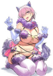 Rule 34 | 1girl, absurdres, animal ears, blush, breasts, fangs, fate/grand order, fate (series), hair over one eye, highres, knatb, mash kyrielight, mash kyrielight (dangerous beast), official alternate costume, pink hair, purple eyes, short hair, sitting, tongue, tongue out, white background