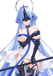 Rule 34 | 1girl, absurdres, alsace (azur lane), armored boots, azur lane, bare shoulders, blue eyes, blue hair, blue ribbon, boots, breast ribbon, breasts, collarbone, commentary request, covering one breast, covering privates, dress, gauntlets, halo, highres, holding, holding pole, large breasts, lieend, light smile, long hair, looking at viewer, mask, mechanical halo, pole, ribbon, simple background, solo, thigh boots, very long hair, white background, white dress