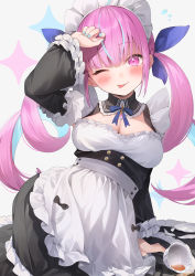 Rule 34 | 1girl, ahoge, alternate costume, anchor ornament, apron, arm up, black bow, black dress, blue hair, blue nails, blue ribbon, blush, bow, braid, breasts, broken plate, cleavage, closed mouth, colored inner hair, cup, detached collar, dot nose, dress, dyed ahoge, enmaided, fingernails, flying sweatdrops, grey background, head tilt, highres, hololive, jewelry, large breasts, light blue hair, long sleeves, looking at viewer, maid, maid headdress, minato aqua, multicolored hair, nail polish, neck ribbon, one eye closed, pink eyes, pink gemstone, pink hair, plate, raised eyebrow, ribbon, ruien (wu jui-en), smile, solo, sparkle background, streaked hair, teacup, tongue, tongue out, twintails, two-tone hair, virtual youtuber, waist apron, white apron, white headdress