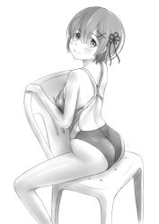 Rule 34 | 1girl, ass, blue hair, blunt bangs, chair, commentary request, competition swimsuit, cowboy shot, from behind, greyscale, hair between eyes, hair ornament, hair ribbon, highres, looking at viewer, monochrome, one-piece swimsuit, re:zero kara hajimeru isekai seikatsu, rem (re:zero), ribbon, sitting, solo, swimsuit, tk4, white background, x hair ornament