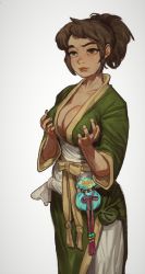 Rule 34 | 1girl, absurdres, avatar: the last airbender, avatar legends, body freckles, breast lift, breasts, brown eyes, brown hair, cleavage, freckles, green robe, highres, jin (avatar), large breasts, mossacannibalis, no bra, parted lips, ponytail, pouch, red ribbon, ribbon, robe, sash, simple background, smile, solo, standing, tassel, white background, yellow sash