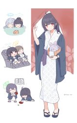 Rule 34 | 4girls, ahoge, alternate costume, ball, black hair, blue archive, bright pupils, brown hair, capybara, closed eyes, closed mouth, curtains, dot mouth, feet, full body, grey hair, halo, highres, japanese clothes, kimono, looking at viewer, massage chair, miyako (blue archive), miyu (blue archive), moe (blue archive), multiple girls, onigiri noe, onsen, open mouth, paddle, rabbit platoon (blue archive), red eyes, saki (blue archive), sandals, simple background, smile, solo focus, table tennis, table tennis ball, table tennis paddle, toes, twitter username, wavy mouth, white background, white kimono, white pupils, zouri