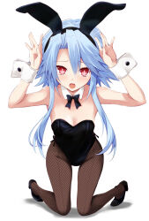 Rule 34 | 1girl, alternate costume, animal ears, bare shoulders, black bow, black bowtie, black hairband, black leotard, blue hair, bow, bowtie, breasts, cleavage, commentary request, detached collar, embarrassed, fishnet pantyhose, fishnets, full body, hair between eyes, hairband, hands up, high heels, iwashi dorobou -r-, kneeling, knees together feet apart, leaning forward, leotard, looking at viewer, medium hair, neptune (series), pantyhose, playboy bunny, power symbol, power symbol-shaped pupils, rabbit ears, rabbit pose, red eyes, short hair with long locks, small breasts, solo, symbol-shaped pupils, white heart (neptunia), wrist cuffs