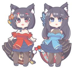 Rule 34 | 2girls, :d, animal ear fluff, animal ears, arms behind back, azur lane, black hair, black legwear, blue dress, blue eyes, blush, butterfly hair ornament, cat ears, chibi, commentary request, dress, fang, floral print, flower, full body, fusou (azur lane), hair flower, hair ornament, highres, long hair, looking at viewer, multiple girls, open mouth, oquri, pantyhose, red dress, red eyes, short hair, simple background, skin fang, smile, standing, white background, yamashiro (azur lane), yamashiro (dressy black cat) (azur lane)
