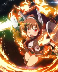 Rule 34 | 10s, 1girl, arm up, armor, armored boots, blush, bodysuit, boots, brown hair, energy sword, eyebrows, fighting stance, fingerless gloves, fire, gloves, glowing, glowing eyes, glowing sword, glowing weapon, green gloves, hair between eyes, hairband, holding, holding weapon, idolmaster, idolmaster million live!, lens flare, leotard, long hair, looking at viewer, mecha, narumi nanami, open mouth, power suit, rapier, red eyes, robot, robot ears, science fiction, sky, solo, star (sky), starry sky, sword, tanaka kotoha, tearing up, tears, thighs, weapon