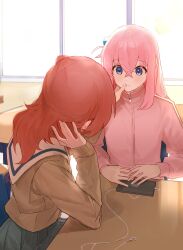 Rule 34 | 2girls, blue eyes, blush, bocchi the rock!, commentary request, cube hair ornament, desk, earphones, finger to another&#039;s mouth, gotoh hitori, h cho3, hair between eyes, hair ornament, highres, indoors, jacket, kita ikuyo, medium hair, multiple girls, one side up, parted lips, phone, pink hair, pink jacket, red hair, school, school desk, school uniform, shuka high school uniform, sitting, track jacket, yuri
