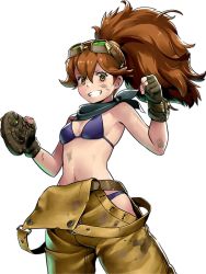 Rule 34 | alternate hairstyle, bikini, breasts, brown eyes, brown hair, caroline (metal slug), controller, dirt, dirty, dirty clothes, fingerless gloves, gloves, goggles, goggles on head, grinding, hair between eyes, long hair, metal slug, navel, official art, remote control, scarf, small breasts, solo, swimsuit, transparent background, watch