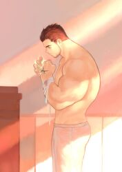 Rule 34 | 1boy, baimeme, bandaged arm, bandages, bara, beard, black hair, dungeon and fighter, facial hair, feet out of frame, from side, hair slicked back, hands up, healing, highres, male focus, male priest (dungeon and fighter), mature male, muscular, muscular male, mustache stubble, pectorals, short hair, solo, standing, stubble, sunlight, thick eyebrows, topless male