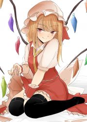 Rule 34 | 1girl, alternate hair length, alternate hairstyle, between legs, black thighhighs, blonde hair, closed mouth, clothes lift, collared shirt, crystal, flandre scarlet, hand between legs, hat, long hair, looking at viewer, mob cap, necktie, necro (nekurodayo), puffy short sleeves, puffy sleeves, red eyes, red skirt, red vest, shirt, short sleeves, simple background, sitting, skirt, skirt lift, smile, solo, thighhighs, touhou, vest, wariza, white background, white hat, white shirt, wing collar, wings, yellow necktie