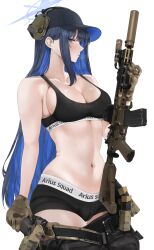 Rule 34 | 1girl, ammunition pouch, assault rifle, bare shoulders, baseball cap, belt, black hair, black hat, black shorts, black sports bra, blue archive, blue hair, blue halo, blush, breasts, camouflage gloves, cleavage, closed mouth, clothes writing, collarbone, colored inner hair, commentary request, ear protection, eotech, fte (fifteen 199), glock, gloves, gun, halo, handgun, hat, highres, holding, holding weapon, holster, large breasts, long hair, looking at viewer, magazine (weapon), multicolored hair, navel, pouch, rifle, saori (blue archive), shorts, sideways glance, sig mcx, sig sauer, simple background, solo, sports bra, stomach, suppressor, upper body, weapon, weapon case, white background