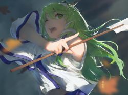 Rule 34 | 1girl, bare shoulders, detached sleeves, frog hair ornament, gohei, green hair, hair between eyes, hair ornament, highres, holding, holding stick, kochiya sanae, kureihii, looking to the side, one eye covered, open mouth, solo, stick, touhou, upper body