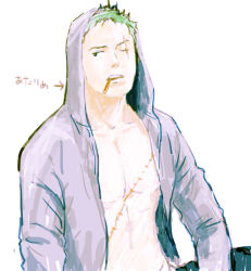 Rule 34 | 1boy, abs, alternate costume, bara, c69, green hair, hood, hood up, hooded jacket, jacket, looking to the side, male focus, muted color, one piece, open clothes, open jacket, pectoral cleavage, pectorals, roronoa zoro, scar, scar across eye, short hair, sketch, solo, stomach, toned, toned male, translation request, upper body