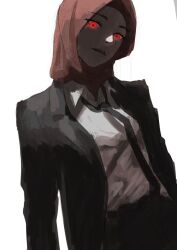 Rule 34 | 1girl, assertive female, black pants, business suit, formal, hijab, jacket, lips, looking at viewer, open clothes, open jacket, pants, red eyes, shirt, simple background, suit, white shirt