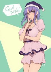 Rule 34 | 10s, 1girl, blush, bow, breasts, cleavage, collarbone, dagashi kashi, dress, finger to mouth, frills, hat, large breasts, nail polish, parted lips, pink dress, purple eyes, purple hair, red nails, ringed eyes, santa hat, shidare hotaru, shoukaki (earthean), solo, standing