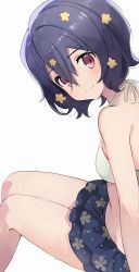 Rule 34 | 1girl, arm support, bikini, black hair, breasts, closed mouth, commentary request, frilled bikini, frills, from side, hair ornament, head tilt, highres, hiroki (yyqw7151), invisible floor, legs together, looking to the side, mismatched bikini, mizuno ai, red eyes, short hair, simple background, sitting, small breasts, smile, swimsuit, white background, white bikini, zombie, zombie land saga