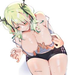 Rule 34 | 1girl, absurdres, antlers, armpit crease, artist name, bare shoulders, blush, breasts, camisole, ceres fauna, cleavage, disembodied hand, from above, grabbing, grabbing another&#039;s breast, green hair, hair ribbon, highres, hololive, hololive english, horns, keisea, large breasts, long hair, ribbon, short shorts, shorts, simple background, solo, sweat, thighs, two side up, virtual youtuber, white background, yellow eyes