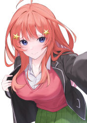 Rule 34 | 1girl, ahoge, blue eyes, blush, breasts, commentary, go-toubun no hanayome, green skirt, hair ornament, highres, komura hiroto, large breasts, long hair, looking at viewer, nakano itsuki, red hair, red sweater, red sweater vest, shirt, simple background, skirt, smile, solo, star (symbol), star hair ornament, sweater, sweater vest, uniform, white background, white shirt