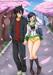Rule 34 | 1boy, 1girl, black hair, blue hair, blush, braid, cherry blossoms, closed mouth, clothes lift, couple, dark blue hair, day, embarrassed, highschool of the dead, holding hands, komuro takashi, long hair, long sleeves, nature, niki toshimi, open clothes, open mouth, outdoors, panties, pants, rud-k, school uniform, shoes, single braid, skirt, skirt lift, spiked hair, standing, surprised, tree, underwear, wind, wind lift, yellow panties