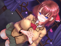 Rule 34 | 1girl, :q, black thighhighs, blunt bangs, blush, breasts, brown hair, cowboy shot, dutch angle, green skirt, hair ribbon, half updo, heart, large breasts, long sleeves, looking at viewer, miniskirt, naughty face, neck ribbon, nose blush, original, own hands clasped, own hands together, panties, pantyshot, purple eyes, red ribbon, ribbon, school uniform, shinovi, short hair, skirt, smile, solo, standing, thighhighs, tongue, tongue out, underwear, white panties