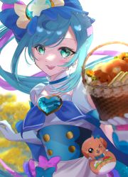 Rule 34 | absurdres, apron, aqua eyes, back bow, basket, blue bow, blue hair, bow, bread, brooch, cure spicy, delicious party precure, dog, dress, earrings, elbow gloves, flower, food, fuwa kokone, gloves, heart, heart brooch, highres, huge bow, jewelry, long hair, magical girl, minccino7, open mouth, pam-pam (precure), precure, puffy short sleeves, puffy sleeves, short sleeves, smile, upper body, very long hair, white gloves