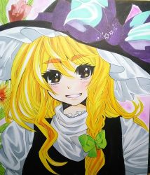 Rule 34 | 1girl, black eyes, blonde hair, bow, braid, eyebrows, flower, hair bow, hair over shoulder, hat, hat bow, highres, kirisame marisa, lips, looking at viewer, matsuppoi, pink lips, puffy sleeves, shikishi, single braid, smile, solo, star (symbol), teeth, touhou, turtleneck, upper body, vest, witch hat
