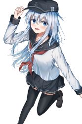 Rule 34 | 1girl, absurdres, anchor symbol, black hat, black sailor collar, black skirt, black thighhighs, blue eyes, blush, brown footwear, dfd, flat cap, hair between eyes, hat, hibiki (kancolle), highres, kantai collection, loafers, long hair, long sleeves, neckerchief, open mouth, pleated skirt, red neckerchief, sailor collar, school uniform, serafuku, shoes, silver hair, simple background, skirt, smile, solo, thighhighs, white background