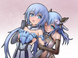Rule 34 | 2girls, armor, artery gear, artery gear: fusion, black gloves, blue eyes, blue hair, breastplate, breasts, character request, check character, cleavage, closed mouth, elbow gloves, frame arms girl, gloves, hair between eyes, large breasts, long hair, materia kuro, mecha musume, medium breasts, medium hair, multiple girls, nio silen, no bra, one eye closed, open mouth, user tuvs2375, yuri