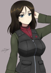 Rule 34 | 1girl, artist name, black hair, black vest, blue eyes, bukkuri, closed mouth, commentary, dated, girls und panzer, green jacket, grey background, hand in own hair, highres, insignia, jacket, long hair, long sleeves, looking at viewer, military, military uniform, nonna (girls und panzer), pravda military uniform, red shirt, shirt, signature, simple background, smile, solo, swept bangs, turtleneck, uniform, upper body, vest, zipper