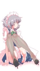 Rule 34 | absurdres, apron, blue eyes, braid, high heels, highres, izayoi sakuya, looking to the side, maid, maid apron, maid headdress, non (z-art), silver hair, sitting, thighhighs, touhou, white background