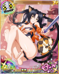 Rule 34 | 1girl, animal, animal ears, ass, barefoot, bishop (chess), black hair, black panties, bracelet, breasts, card (medium), cat, cat ears, cat tail, character name, chess piece, cleavage, closed mouth, crop top, feet, hair rings, hairband, hand on own chest, high school dxd, high school dxd born, jacket, jewelry, kuroka (high school dxd), large breasts, lipstick, long hair, lying, makeup, midriff, multiple tails, official art, on back, panties, paw pose, purple lips, selfie, slit pupils, smile, soles, solo, tail, toes, torn clothes, trading card, underwear, yellow eyes