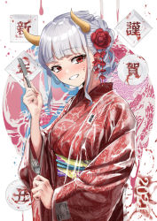 Rule 34 | 1girl, 2021, :d, absurdres, barcode, blood, blood on face, blunt bangs, blush, breasts, chinese zodiac, commentary request, cow girl, cow horns, flower, fork, hair flower, hair ornament, highres, holding, holding fork, holding knife, horns, japanese clothes, kimono, knife, long sleeves, looking at viewer, medium breasts, new year, obi, open mouth, original, plate, red eyes, red flower, red kimono, sash, see-through, short hair, silver hair, smile, solo, taiga (ryukyu-6102-8), translation request, upper body, wide sleeves, year of the ox