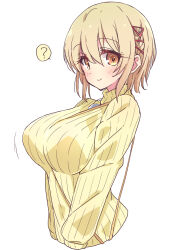 Rule 34 | 1girl, ?, blonde hair, blush, breasts, closed mouth, commentary request, hair between eyes, hair ornament, highres, hoshikuzu telepath, jewelry, large breasts, long sleeves, looking at viewer, mel (melty pot), necklace, ribbed sweater, short hair, simple background, smile, solo, spoken question mark, sweater, takaragi haruno, white background, yellow eyes, yellow sweater